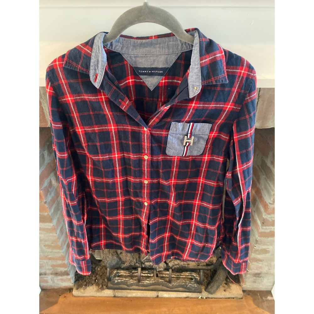 Tommy Hilfiger Plaid Button Down Shirt Chambray Collar XS Autumn Lumberjack